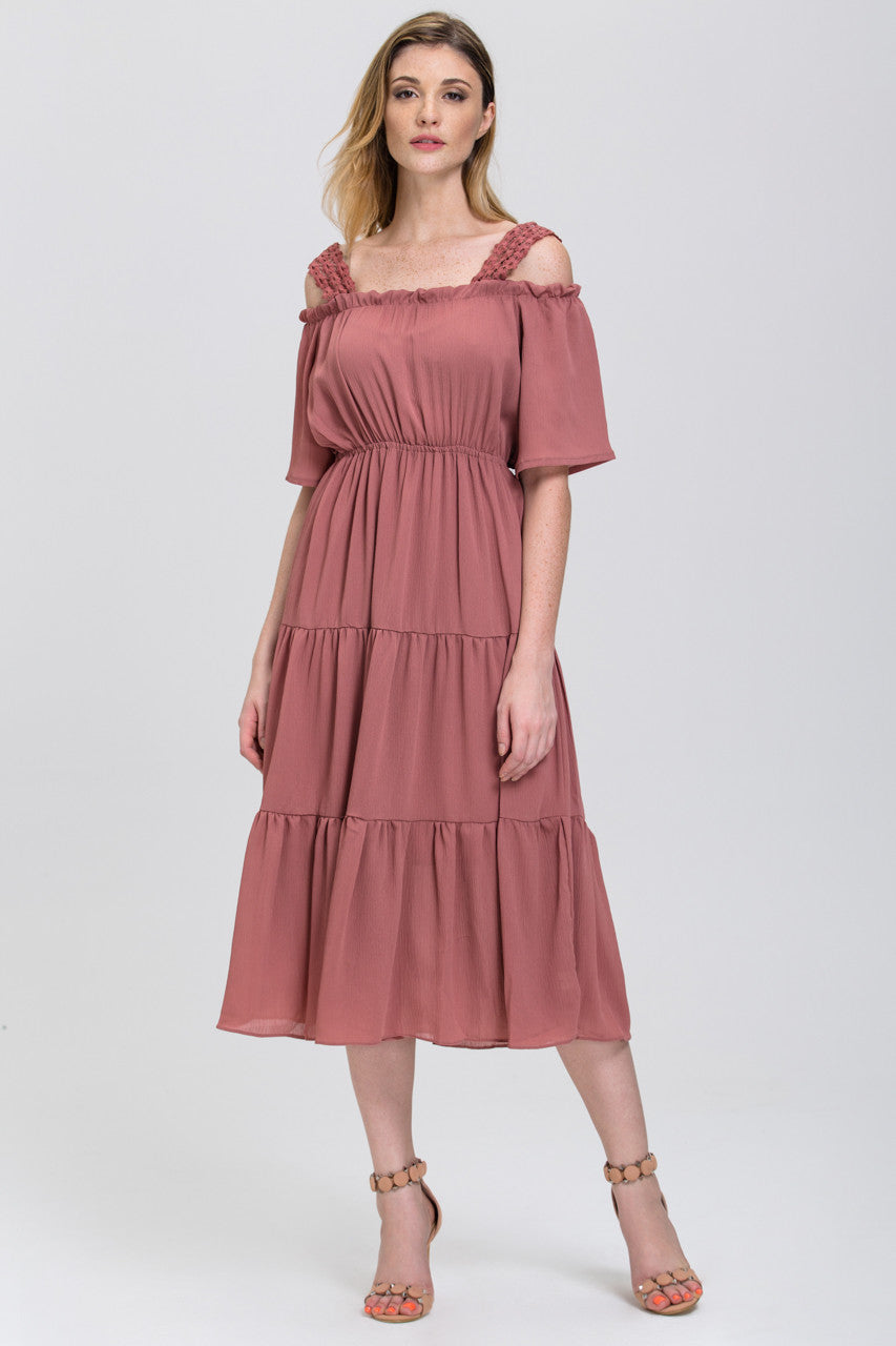 Terracotta Lace Strap Off the Shoulder Midi Dress – OwnTheLooks